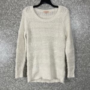 Gibson Latimer White & Metallic Thread Open Weave Sweater - Size Medium - Stripe